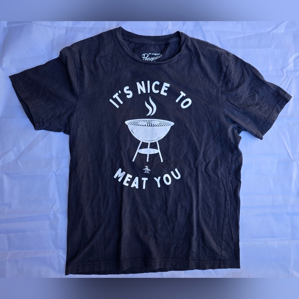 Penguin Gray Graphic T-Shirt -‎ Nice to meat you - funny - Sz S